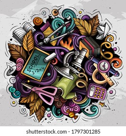 Cartoon cute doodles Back to School Colorful illustration. Background with lots of separate objects. Funny vector artwork