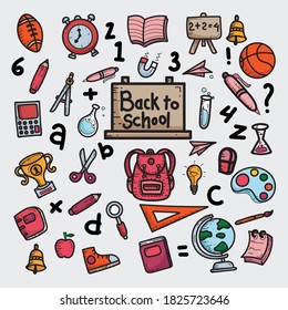 Cartoon cute doodles Back to School word. Colorful horizontal illustration. Background with lots of separate objects. Funny vector artwork