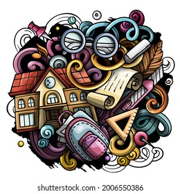 Dibujo lindo doodles de regreso a la escuela. Colorida ilustración. Fondo con muchos objetos separados. Graciosa ilustración vectorial
