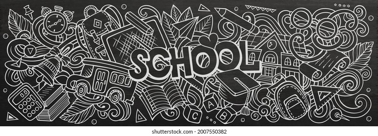 Cartoon cute doodles Back to School word. Chalkboard horizontal illustration. Background with lots of separate objects. Funny vector artwork