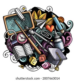 Cartoon cute doodles Back to School Colorful illustration. Background with lots of separate objects. Funny vector artwork