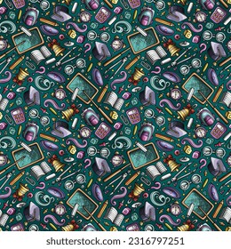 Cartoon cute doodles Back to School seamless pattern. Colorful detailed, with lots of education objects background. Endless funny vector illustration