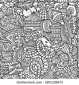 Cartoon cute doodles Chinese New Year seamless pattern. Colorful background. Backdrop with China symbols and items