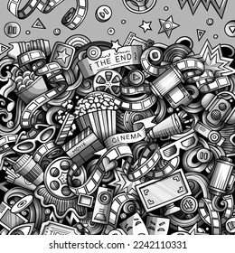 Cartoon cute doodles cinema frame design. detailed, with lots of objects background. Funny vector illustration. Monochrome border with movie theme items