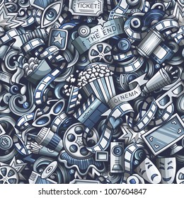 Cartoon cute doodles Cinema seamless pattern. Toned illustration with lots of objects. All items separated. Background with movie symbols and elements