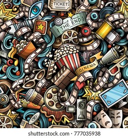 Cartoon cute doodles Cinema seamless pattern. Colorful illustration with lots of objects. All items separated. Background with movie symbols and elements