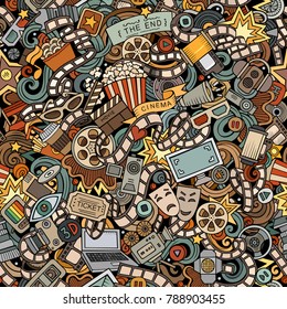 Cartoon cute doodles Cinema seamless pattern. Colorful illustration with lots of objects. All items separated. Background with movie symbols and elements