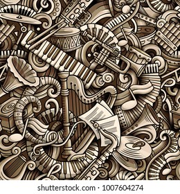 Cartoon cute doodles Classical music seamless pattern. Monochrome detailed, with lots of objects background. All elements separate. Backdrop with musical instruments objects