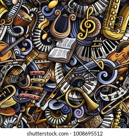 Cartoon cute doodles Classical music seamless pattern. Colorful detailed, with lots of objects background. All elements separate. Backdrop with musical instruments objects