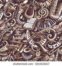 Cartoon cute doodles Classical music seamless pattern. Monochrome detailed, with lots of objects background. All elements separate. Backdrop with musical instruments objects
