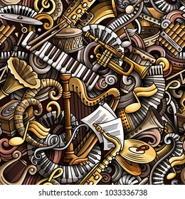 Cartoon cute doodles Classical music seamless pattern. Colorful detailed, with lots of objects background. All elements separate. Backdrop with musical instruments objects