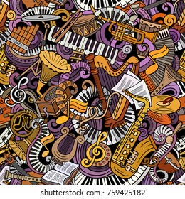Cartoon cute doodles Classical music seamless pattern. Colorful detailed, with lots of objects background. All elements separate. Backdrop with musical instruments objects
