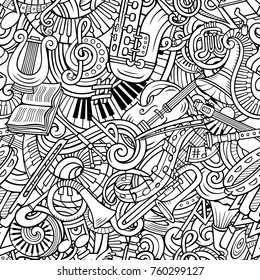 Cartoon cute doodles Classical music seamless pattern. Line art, detailed, with lots of objects background. All elements separate. Backdrop with musical instruments objects