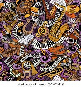 Cartoon cute doodles Classical music seamless pattern. Colorful detailed, with lots of objects background. All elements separate. Backdrop with musical instruments objects