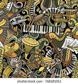 Cartoon cute doodles Classical music seamless pattern. Colorful detailed, with lots of objects background. All elements separate. Backdrop with musical instruments objects