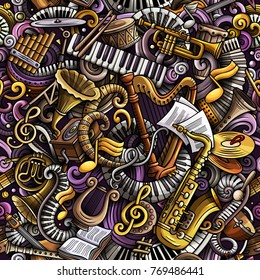 Cartoon cute doodles Classical music seamless pattern. Colorful detailed, with lots of objects background. All elements separate. Backdrop with musical instruments objects