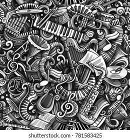 Cartoon cute doodles Classical music seamless pattern. Monochrome detailed, with lots of objects background. All elements separate. Backdrop with musical instruments objects