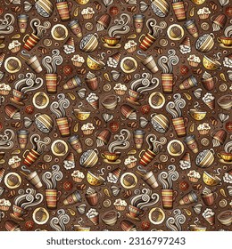 Cartoon cute doodles Coffee Shop seamless pattern. Colorful detailed, with lots of objects background. Endless funny vector illustration.