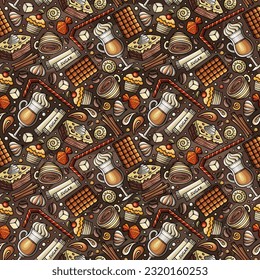 Cartoon cute doodles Coffee Shop seamless pattern. Colorful detailed, with lots of objects background. Endless funny vector illustration.