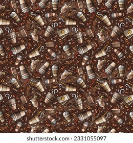 Cartoon cute doodles Coffee Shop seamless pattern. Colorful detailed, with lots of objects background. Endless funny vector illustration.