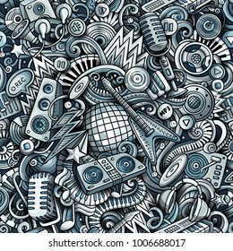 Cartoon cute doodles Disco music seamless pattern. Monochrome detailed, with lots of objects background. All elements separate. Backdrop with musical objects