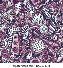 Cartoon cute doodles Disco music seamless pattern. Monochrome detailed, with lots of objects background. All elements separate. Backdrop with musical objects