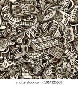 Cartoon cute doodles Disco music seamless pattern. Monochrome detailed, with lots of objects background. All elements separate. Backdrop with musical objects
