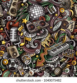 Cartoon cute doodles Disco music seamless pattern. Colorful detailed, with lots of objects background. All elements separate. Backdrop with musical objects