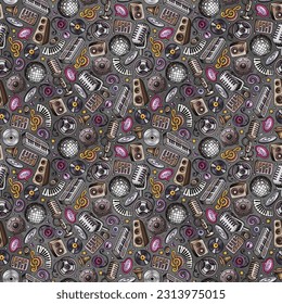 Cartoon cute doodles Disco music seamless pattern. Colorful detailed, with lots of objects background. Backdrop with musical objects