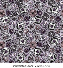Cartoon cute doodles Disco music seamless pattern. Colorful detailed, with lots of objects background. Backdrop with musical objects