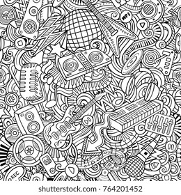 Cartoon cute doodles Disco music seamless pattern. Line art, detailed, with lots of objects background. All elements separate. Backdrop with musical objects