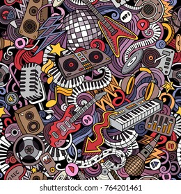 Cartoon cute doodles Disco music seamless pattern. Colorful detailed, with lots of objects background. All elements separate. Backdrop with musical objects