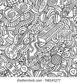 Cartoon cute doodles Disco music seamless pattern. Line art, detailed, with lots of objects background. All elements separate. Backdrop with musical objects