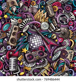 Cartoon cute doodles Disco music seamless pattern. Colorful detailed, with lots of objects background. All elements separate. Backdrop with musical objects