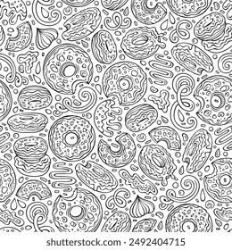 Cartoon cute doodles Donuts seamless pattern. Line art background. Endless funny vector sweet illustration