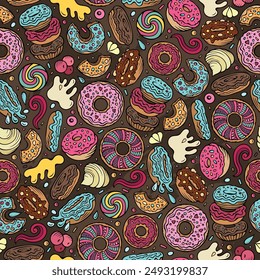 Cartoon cute doodles Donuts seamless pattern. Colorful detailed, with lots of objects background. Endless funny vector sweet illustration