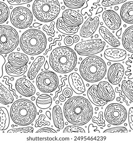 Cartoon cute doodles Donuts seamless pattern. Line art background. Endless funny vector sweet illustration