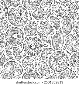 Cartoon cute doodles Donuts seamless pattern. Line art background. Endless funny vector sweet illustration