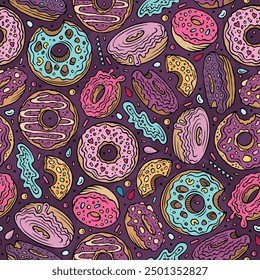 Cartoon cute doodles Donuts seamless pattern. Colorful detailed, with lots of objects background. Endless funny vector sweet illustration