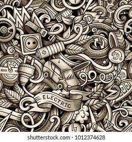 Cartoon cute doodles Electric vehicle seamless pattern.Monochrome detailed, with lots of objects background. All objects separate. Backdrop with eco cars symbols and items