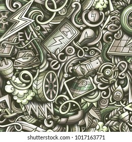 Cartoon cute doodles Electric vehicle seamless pattern.Monochrome detailed, with lots of objects background. All objects separate. Backdrop with eco cars symbols and items