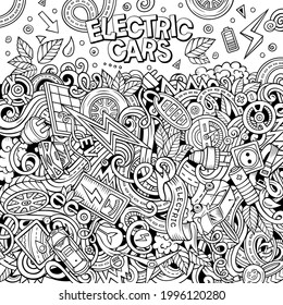Cartoon cute doodles Electric vehicle frame card. Line art detailed, with lots of objects background. All objects separate. Border with eco cars symbols and items