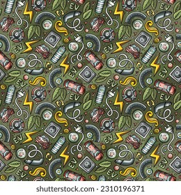 Cartoon cute doodles Electric vehicle seamless pattern. Colorful detailed, with lots of objects background. Backdrop with eco cars symbols and items