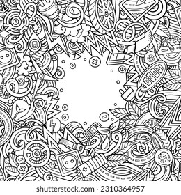 Cartoon cute doodles Electric vehicle frame card. Line art detailed, with lots of objects background. All objects separate. Border with eco cars symbols and items