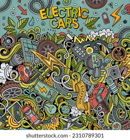 Cartoon cute doodles Electric vehicle frame card. Colorful detailed, with lots of objects background. All objects separate. Border with eco cars symbols and items