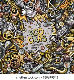 Cartoon cute doodles Electric vehicle frame card. Colorful detailed, with lots of objects background. All objects separate. Border with eco cars symbols and items