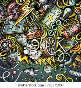 Cartoon cute doodles Electric vehicle frame card. Colorful detailed, with lots of objects background. All objects separate. Border with eco cars symbols and items
