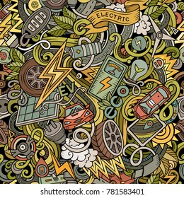 Cartoon cute doodles Electric vehicle seamless pattern. Colorful detailed, with lots of objects background. All objects separate. Backdrop with eco cars symbols and items