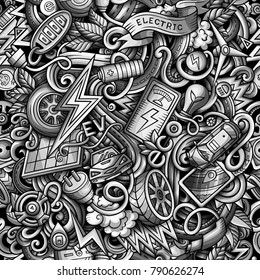 Cartoon cute doodles Electric vehicle seamless pattern.Monochrome detailed, with lots of objects background. All objects separate. Backdrop with eco cars symbols and items