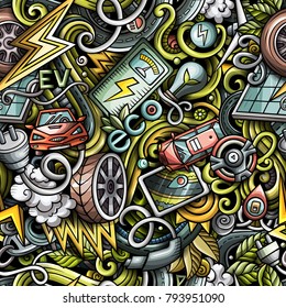 Cartoon cute doodles Electric vehicle seamless pattern. Colorful detailed, with lots of objects background. All objects separate. Backdrop with eco cars symbols and items